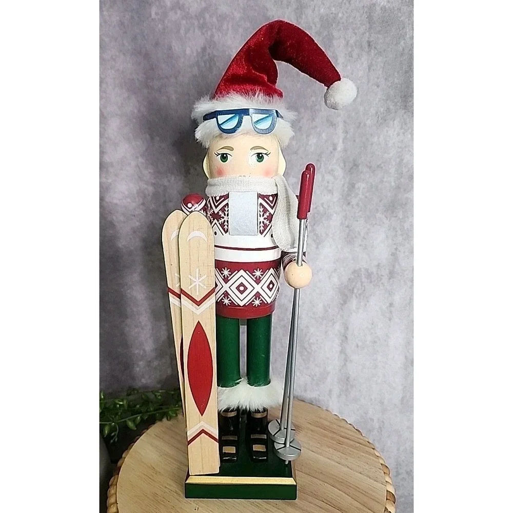 Skier Lady Girl Nutcracker Mrs Claus Ski Poles Skis Christmas Wood Decor 15